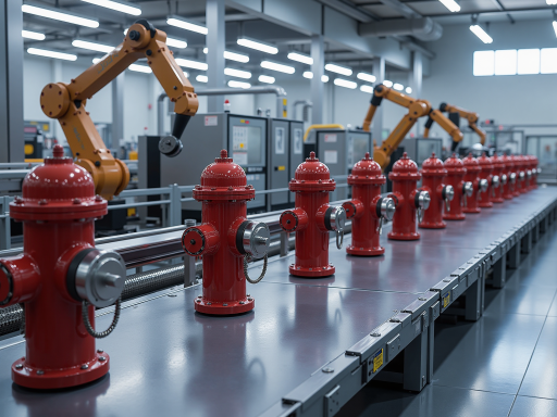 自动化生产线全景，机器人手臂正在搬运陶瓷制品，现代化车间环境